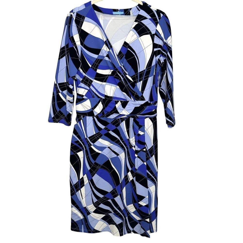 J McLaughlin Dress Womens Small Blue Black White Wrap 3/4 Sleeve Geometric Print